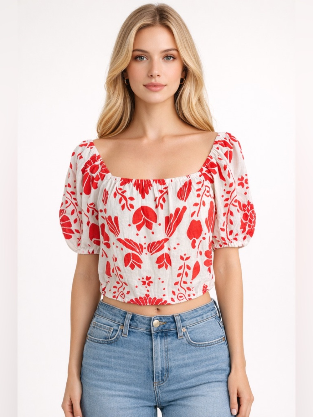 Haute Hippie Ivory/Red Floral Boho Crop Blouse Off-Shoulder Size Medium, NWT!